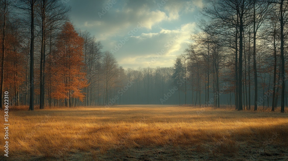 Misty sunrise over golden meadow in autumn forest clearing Misty sunrise over golden meadow in autumn forest clearing