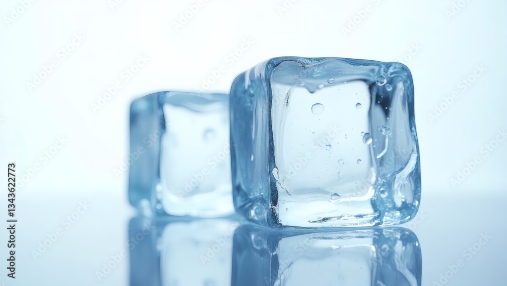 two transparent ice cubes, captured up close, are glistening and reflecting, perfect for refreshing beverages. two transparent ice cubes, captured up close, are glistening and reflecting, perfect for refreshing beverages.