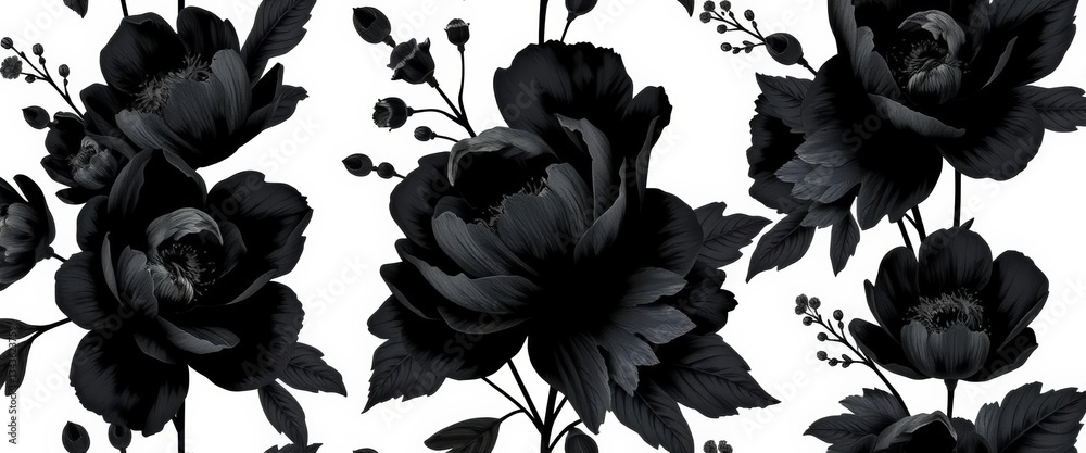 Dark, seamless floral pattern; black peonies, poppies, wildflowers on white Elegant, abstract spring/summer design for wedding stationery, fabrics, white, wedding Dark, seamless floral pattern; black peonies, poppies, wildflowers on white Elegant, abstract spring/summer design for wedding stationery, fabrics, white, wedding