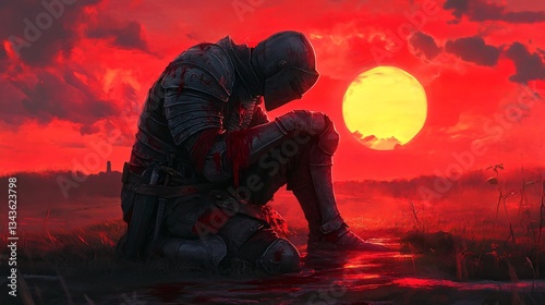 Exhausted Knight Kneels in Bloodied Armor at Sunset