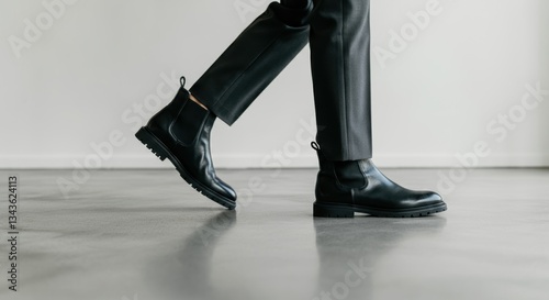 Black leather chelsea boots on male walking on smooth concrete surface
