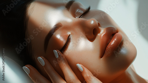 Beautiful girl's face close-up, demonstration of cosmetics, beauty