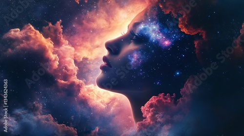 Enchanting Fantasy Portrait of Young Woman Lost in Galaxy Exploration