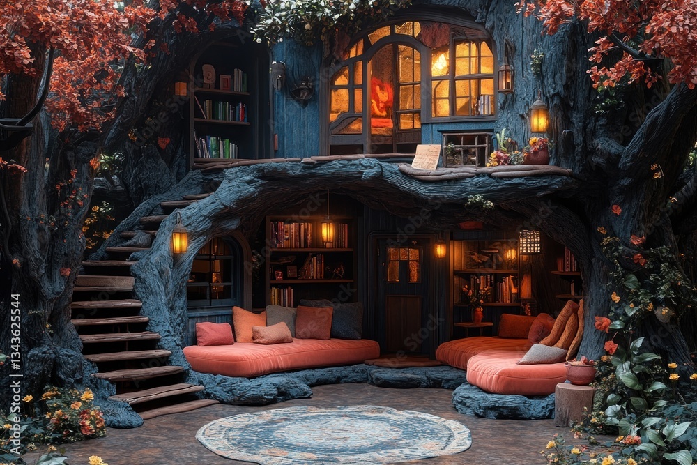 Naklejka premium Enchanted forest home; cozy reading nook; autumnal decor
