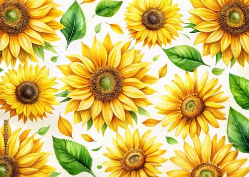 Aerial Drone View: Watercolor Sunflowers - Vibrant Yellow Floral Pattern on White Background