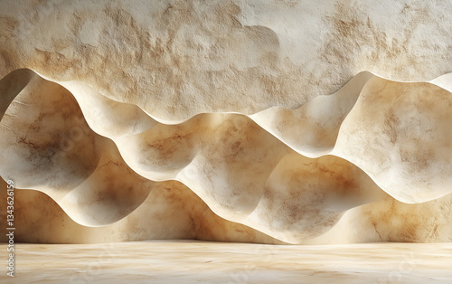 Abstract Beige Plaster Wall with Wavy Texture and Minimalist Design for Backgrounds