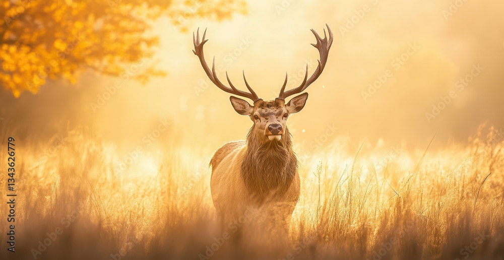 Naklejka premium Majestic stag in a sunlit autumn meadow.