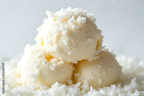 Delicious coconut ice cream scoops kitchen food photography bright close-up dessert delight photo