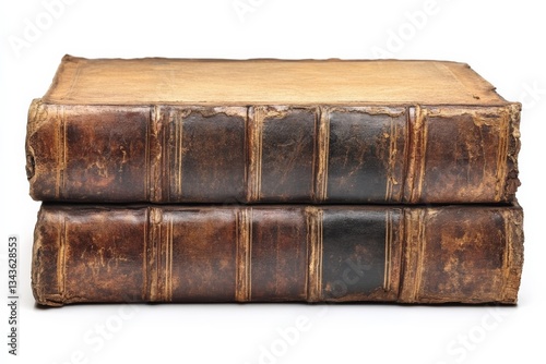 Vintage leather-bound books stacked on each other on a plain background, showcasing intricate spine details and aged material