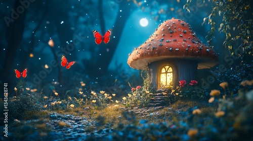 Enchanting Fantasy Elf Gnome Mushroom House Window Nature Fairytale Forest Illustration