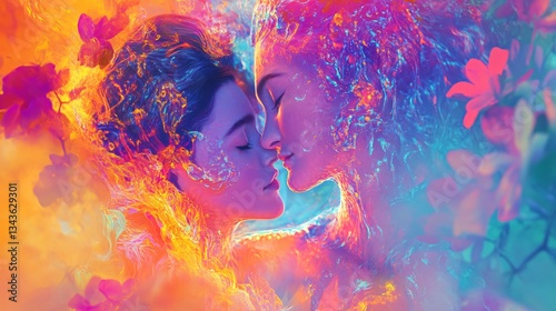 Surreal Embrace: Colorful Liquid Fantasy with Man and Woman - Adobe Stock Photo