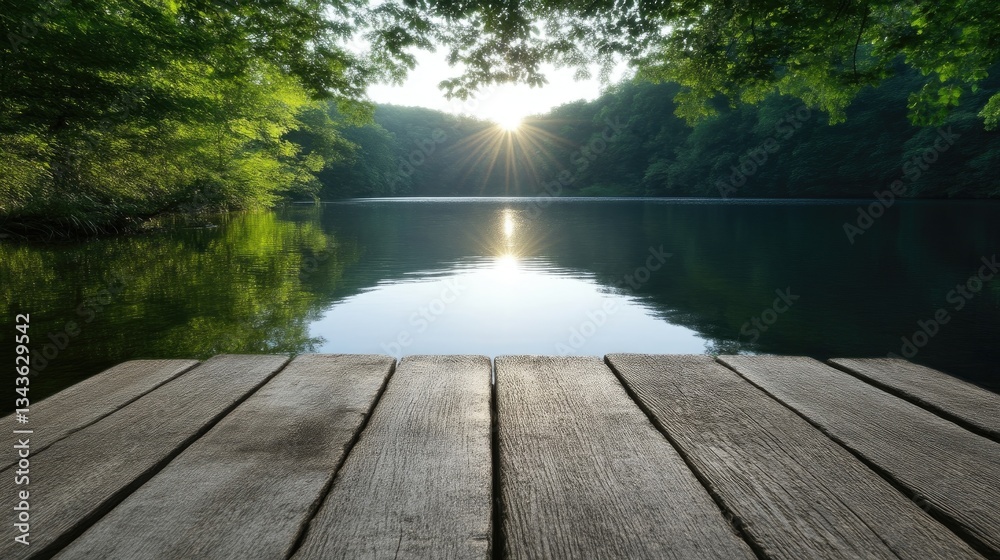 Serene lake sunrise from a wooden dock. Lush forest canopy above tranquil water, sunbeams through the trees