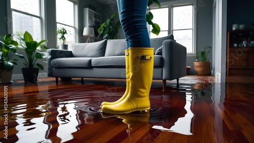 Close-up of a Person in Yellow Boots in Urban Rain in Interior of a lobby the water flooded in the room at the home 