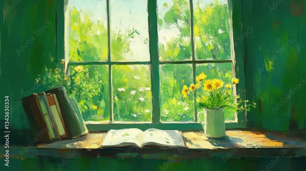Sunny windowsill with books and flowers