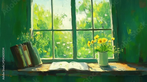Obraz na płótnie Sunny windowsill with books and flowers w salonie