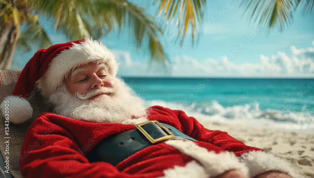 Obraz premium Relaxed santa lounging on tropical beach, wearing sunglasses and reclining under swaying palm trees during festive holiday getaway
