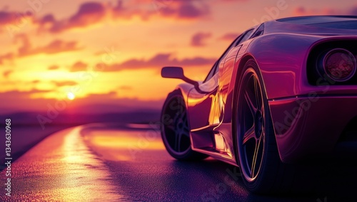 Fototapeta Naklejka Na Ścianę i Meble -  Sleek sports car on a vibrant sunset backdrop.