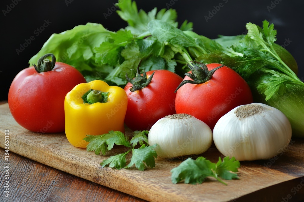Fresh vegetables arranged on a wooden board with herbs ready for cooking or salad preparation in a cozy kitchen setting Fresh vegetables arranged on a wooden board with herbs ready for cooking or salad preparation in a cozy kitchen setting