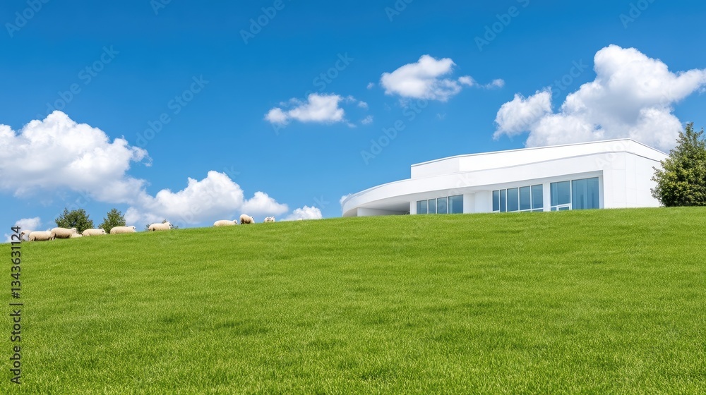 Modern home on a grassy hill with sheep