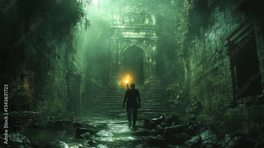Obraz premium Explorer with torch enters ancient jungle temple ruins
