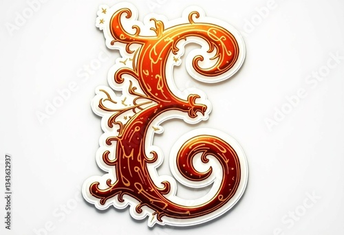 Exquisite calligraphy sticker of E with refined swirls and sparkling gold accents on white background, alphabet stickers