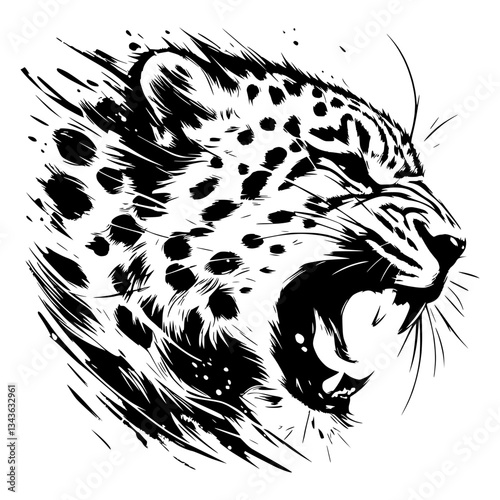 Leopard roaring in a dynamic pose, black pencil drawing on a transparent background