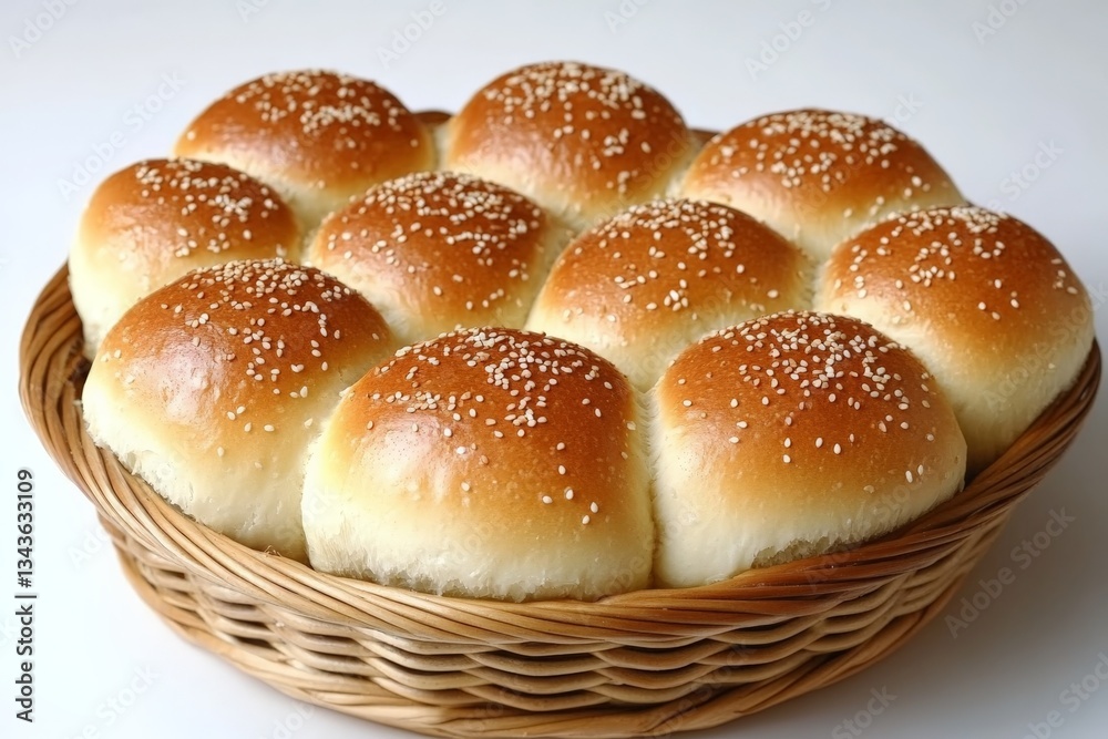 Freshly baked sesame rolls in a woven basket ready for serving at a family gathering or dinner Freshly baked sesame rolls in a woven basket ready for serving at a family gathering or dinner
