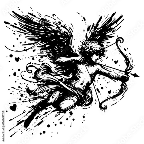 Cupid shooting an arrow, black pencil drawing, transparent background