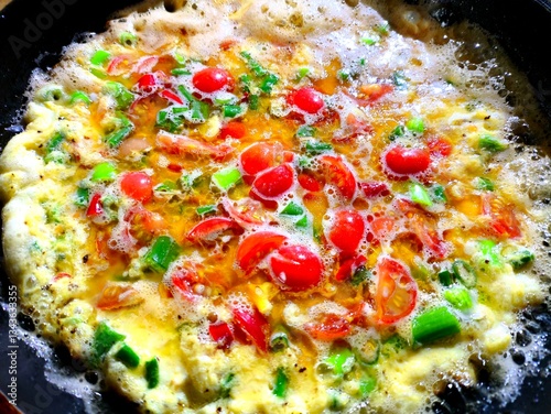 Frying  omelet   in pan, in door  Chiangmai  Thailand.