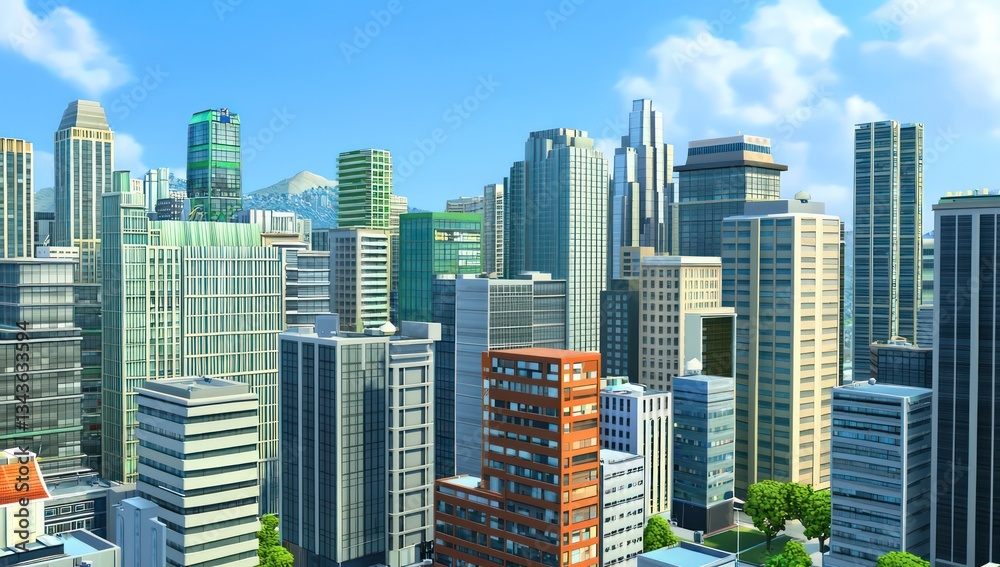 Fototapeta premium Modern cityscape in 3D, depicted through cartoon skyscrapers for urban themes.