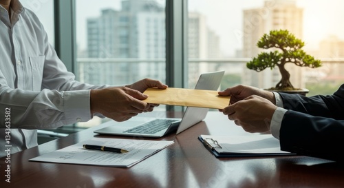 Two Businessmen Exchange A Brown Envelope In A Modern Office Setting With City