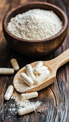 Health supplements and powdered ingredients displayed in a wooden bowl and spoon on a rustic wooden table