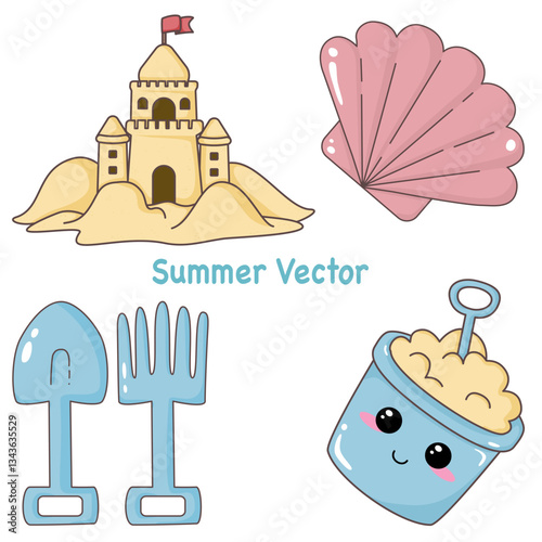 This image consists of four summer icons a sand castle with a flag, a seashell, a shovel and rake, and a bucket of sand and a face.