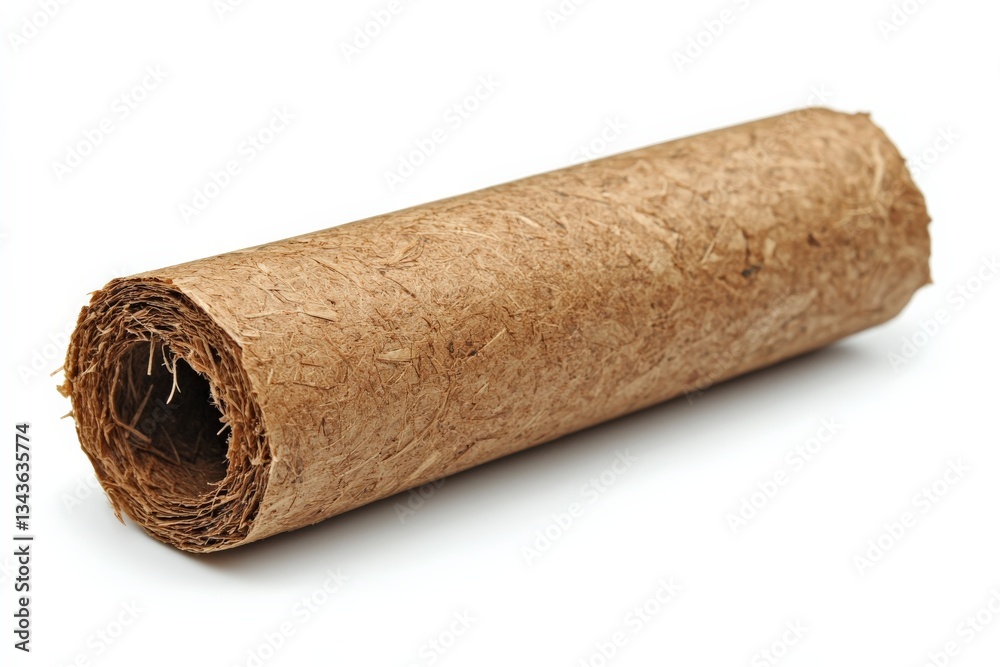 Natural brown paper roll lies on a white background, showcasing texture and material suitable for various craft projects and packaging needs Natural brown paper roll lies on a white background, showcasing texture and material suitable for various craft projects and packaging needs