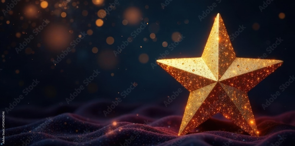 Glittering gold star against dark velvet backdrop, sparkling, glittery, dark background Glittering gold star against dark velvet backdrop, sparkling, glittery, dark background