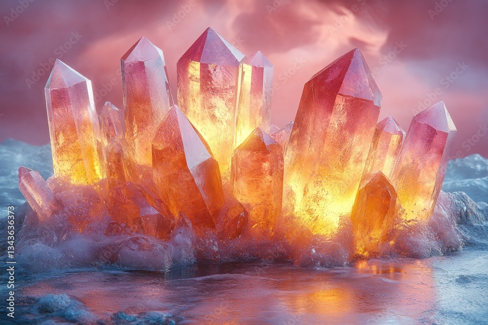 Fototapeta premium Glowing Crystal Cluster on Frozen Water, Dramatic Sunrise Background