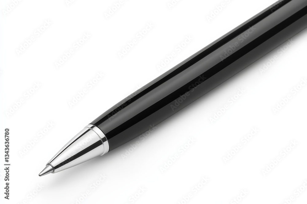 Elegant black pen resting on a clean white surface, showcasing its sleek design and functional tip for writing Elegant black pen resting on a clean white surface, showcasing its sleek design and functional tip for writing
