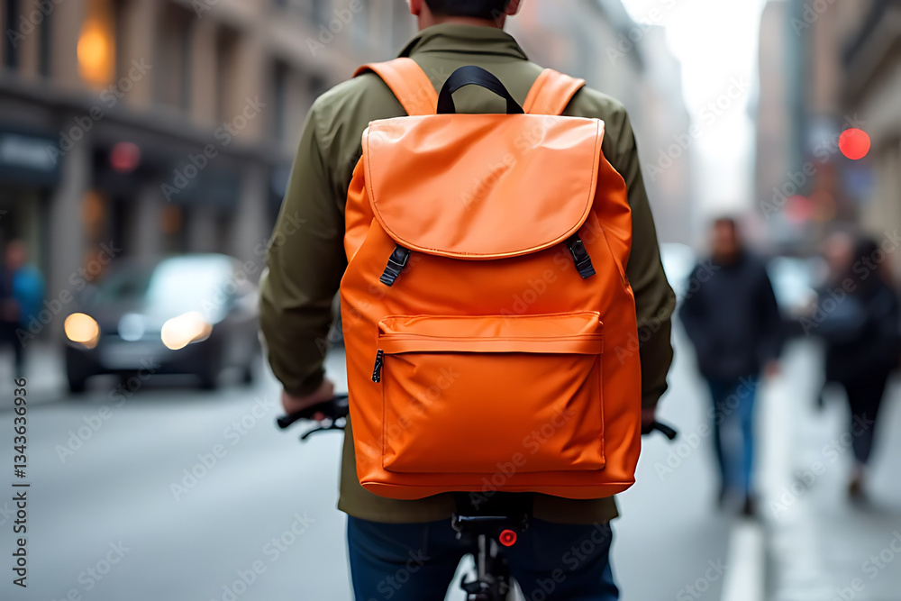 Fototapeta premium Cycling through the city with an orange backpack urban landscape lifestyle photography daytime