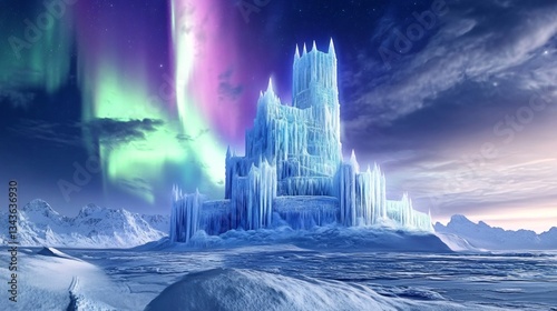 Majestic Fantasy Scene: Ice Castle Set Against Snowy Landscape