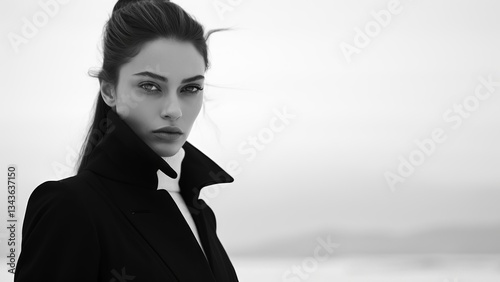 Scene from a modern commercial. The stern look of a woman. Image for an advertisement for a women's brand. Image to attract attention in banner ads. Generated AI.