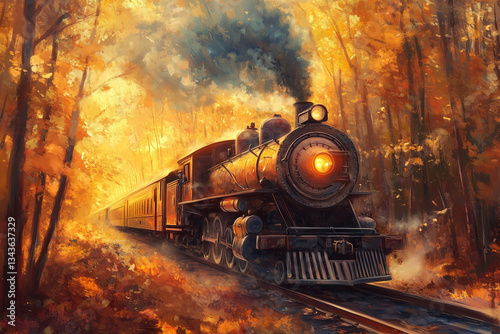 A vintage steam locomotive chugs through an autumnal forest, emitting plumes of steam against the backdrop of warm sunlight filtering through the trees. photo