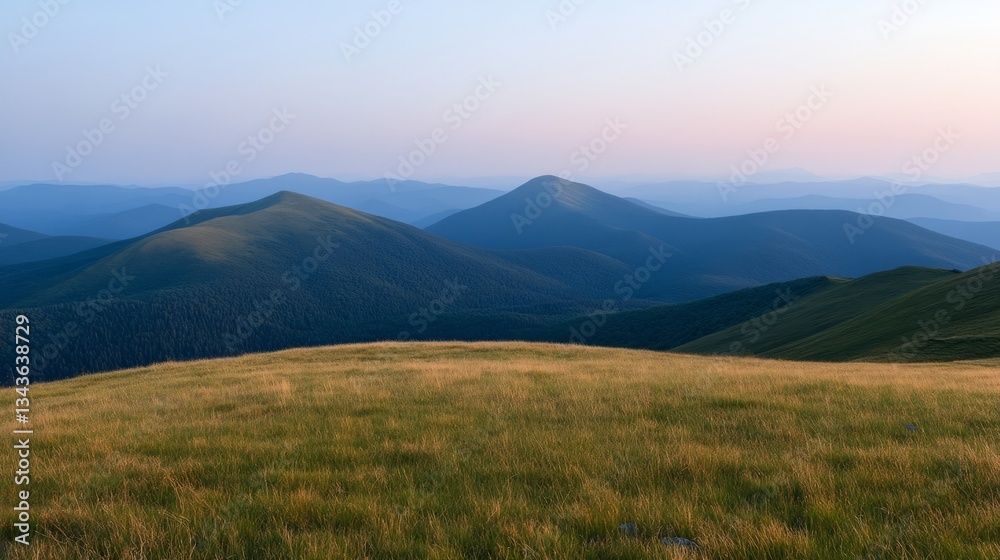Serene Mountain Landscape at Dusk with Rolling Hills and Gentle Slopes Under a Soft Pink Sky Serene Mountain Landscape at Dusk with Rolling Hills and Gentle Slopes Under a Soft Pink Sky