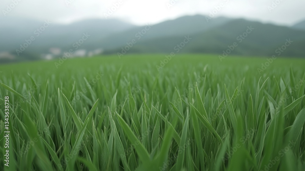 Lush Green Grass Field with Mountains in the Background Under Cloudy Sky in a Rural Landscape Lush Green Grass Field with Mountains in the Background Under Cloudy Sky in a Rural Landscape