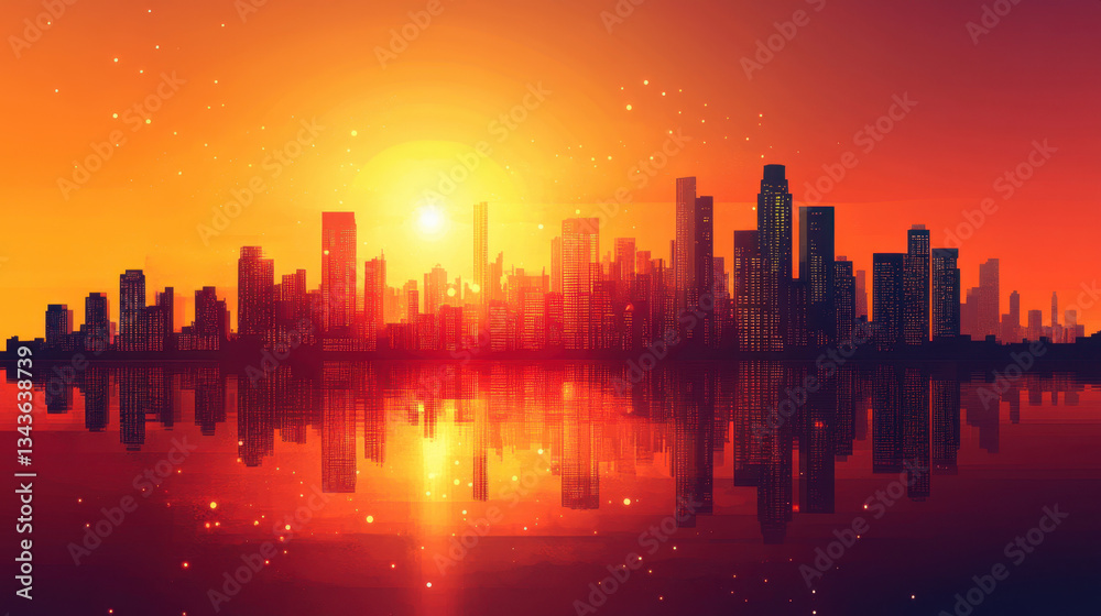 Fototapeta premium Cityscape Sunset, Urban Skyline Reflection