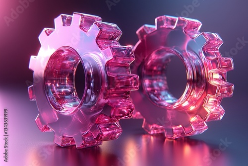 Two transparent 3d gears with a glass morphism effect, symbolizing technology and updates, floating against a gradient background