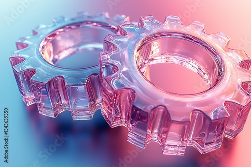 Two transparent 3d gears with a glass morphism effect, symbolizing technology and updates, floating against a gradient background