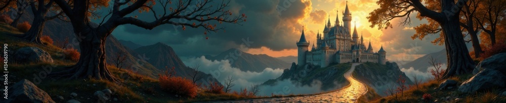 Grand castle backdrop with golden swirls and mysterious shadows, castle, golden Grand castle backdrop with golden swirls and mysterious shadows, castle, golden