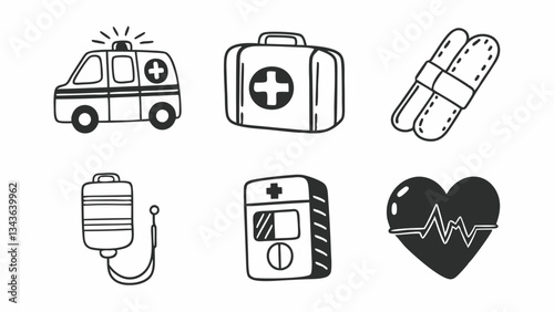 Emergency Care: Generate 40 minimalist thin-line icons for emergency care, including an ambulance, defibrillator, emergency medical kit, and first-aid kit.