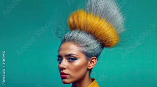 Close-up portrait of a woman with a dynamic, multi-colored hairstyle against a teal backdrop.