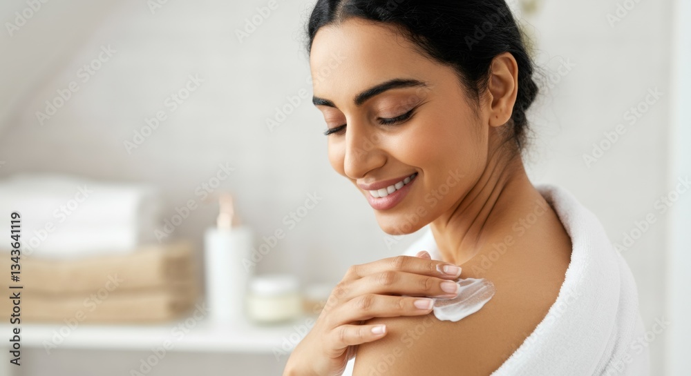 Asian young woman applying skincare cream in bright bathroom setting Asian young woman applying skincare cream in bright bathroom setting